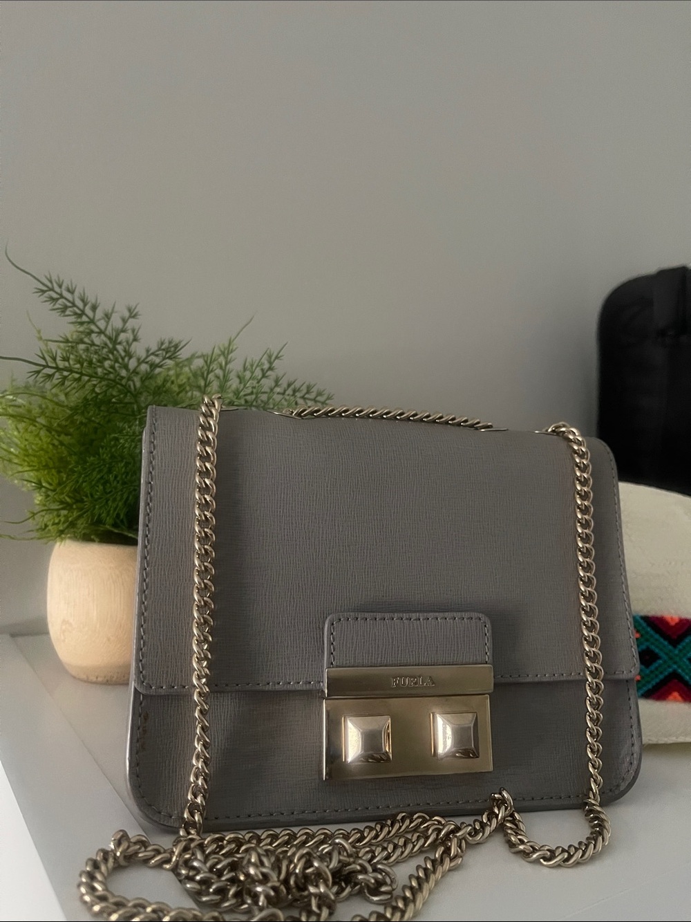 FURLA | MINI Julia Chain Crossbody Purse Leather  Gray Formal Event Designer